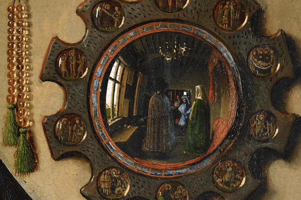 Detail of the convex mirror from the Arnolfini portrait, Bruges, 1434. *Wikipedia.* The_Arnolfini_Portrait,_détail_(2)