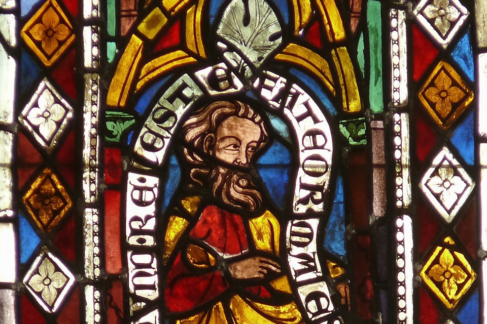 A stained glass image of Plato at the Stadtkirche St. Dionys in Esslingen am Neckar, Germany, ca 1300. *Wikipedia*. Plato Glass