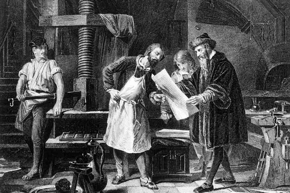 Johann Gutenberg (right) in engraving from 1881. *Shutterstock.* Johann Gutenberg (right) in engraving from 1881