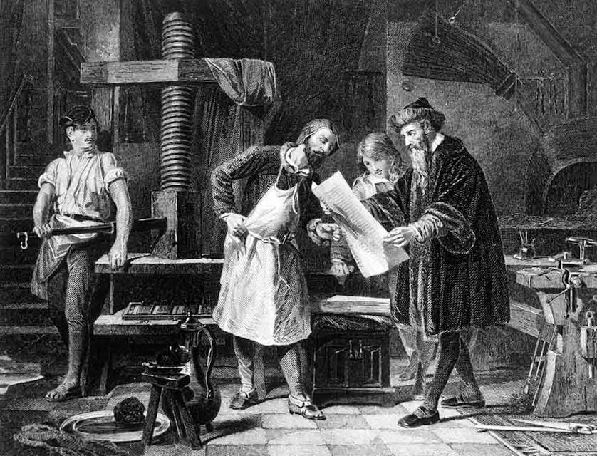 Johann Gutenberg (right) in engraving from 1881