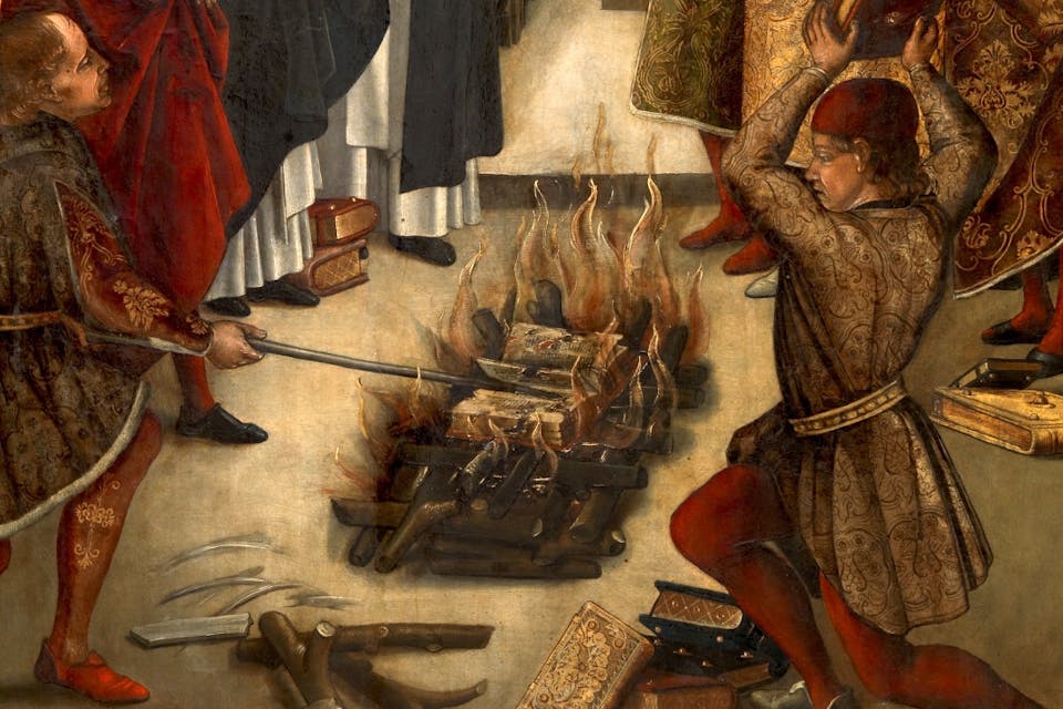 From *Saint Dominic and the Albigensians, *15th century, by Pedro Berruguette. *Museo Nacional del Prado*. Saint Dominic and the Albigensians