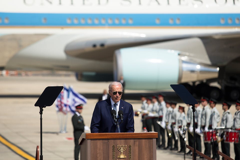 President Joe Biden speaks during the welcome ceremony during his visit to Israel on July 13, 2022 in Lod, Israel. *Amir Levy/Getty Images*. Biden Israel