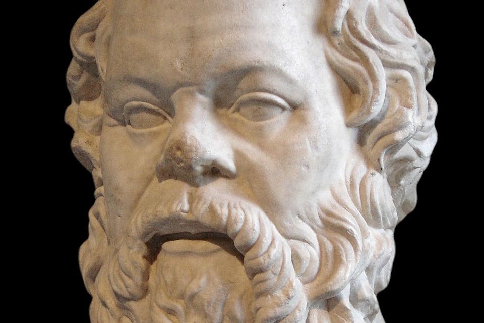 Portrait of Socrates in marble, 1st century CE, perhaps a copy of a lost bronze statue made by Lysippos. *Wikimedia*. Socrates