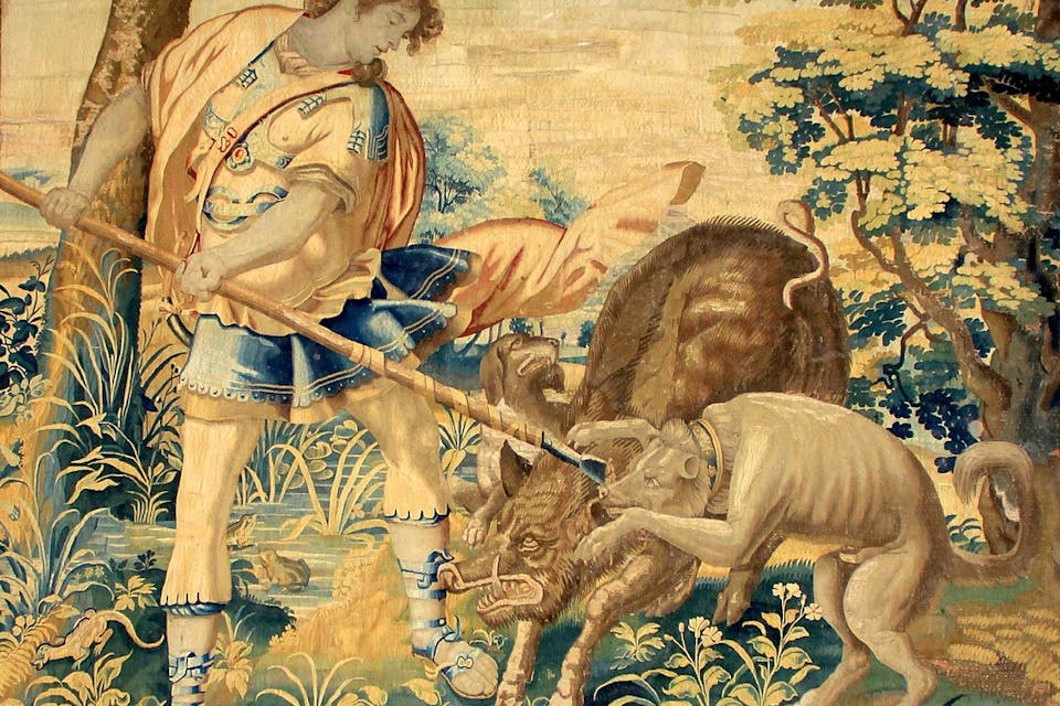 A tapestry depicting Odysseus on a hunt by an unknown artist from a 17th-century Brussels workshop. *Wikimedia*. 1133px-Tapestry_with_Odysseus_on_a_hunt_by_Brussels_workshop,_17th_century_PD-art_-old,_Olesko_Castle,_possibly_from_John_III_Sobieski’s_collection