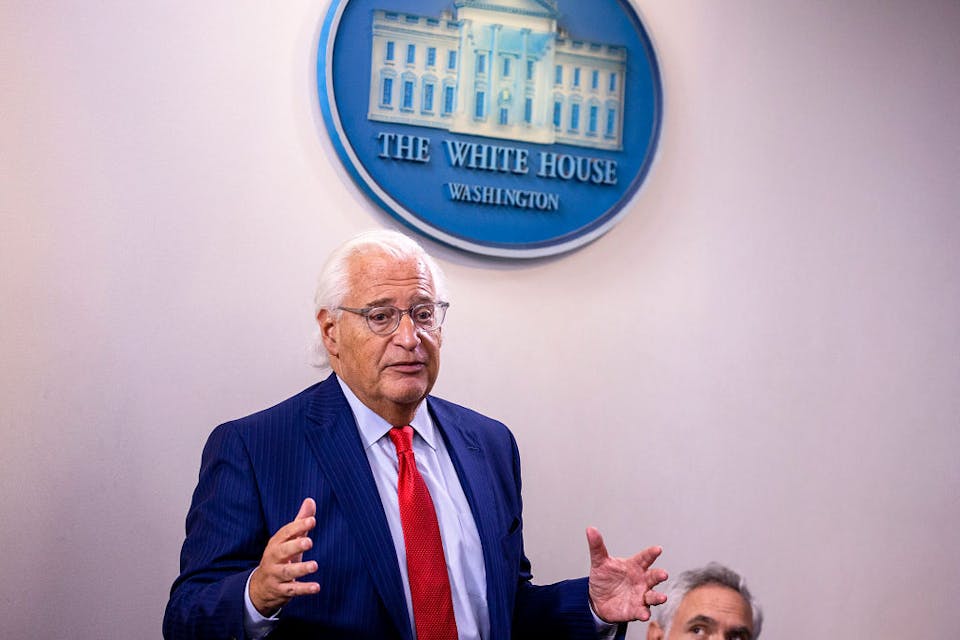 WASHINGTON, DC – AUGUST 13: David Friedman, US Ambassador to Israel speaks during a briefing at the White House August 13, 2020 in Washington, DC. Trump spoke on a range of topics including his announcement earlier in the day of a new peace deal between Israel and the United Arab Emirates. (Photo by Tasos Katopodis/Getty Images)