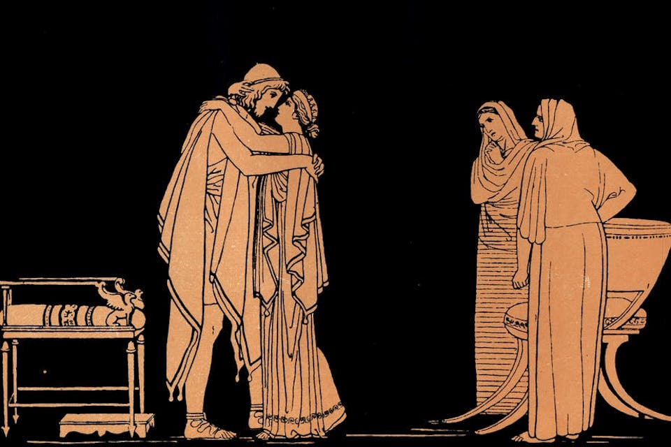 Odysseus embraces his wife Penelope on returning to Ithaca. *Culture Club/Getty Images*. Homer