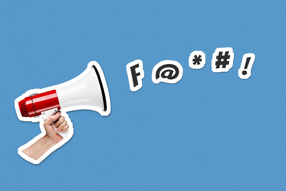 *BOOCYS/Shutterstock.* Hand holding megaphone on blue background with swear and curse symbols. Collage cut out style illustration