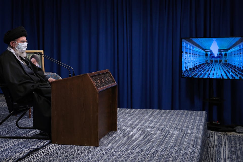 Iranian Supreme Leader Ayatollah Ali Khamenei delivers remarks on the Joint Comprehensive Plan of Action on February 17, 2021 in Tehran. *Iranian Leader Press Office/Handout/Anadolu Agency via Getty Images*. Iran Khatiri