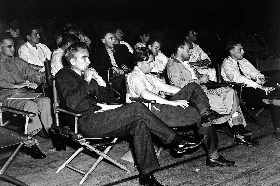 Physicists, some Jewish, at a nuclear-weapons colloquium at the Los Alamos Laboratory in April 1946. *Wikimedia.* Los_Alamos_colloquium
