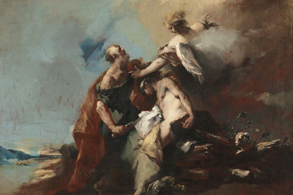 *The Sacrifice of Isaac*, 1750s, by the Italian artist Andrea del Sarto. *Photo by Heritage Arts/Heritage Images via Getty Images.* The Sacrifice of Isaac, 1750s. This series of paintings primarily tells the Old Testament story of Abraham and Isaac, and each of the canvases depicts the interaction of humans and angels. In three works, angels appear to Abraham, and in one particularly dramatic canvas, an angel intercepts Abraham before he sacrifices his own son. However, the narrative of Tobias and the angel comes from an entirely different book of the Bible. The blind Tobit sends his son Tobias off to collect a sum of money in the distant town of Media, with the angel Raphael accompanying him in disguise as a human. This particular work depicts Raphael overseeing Tobias catching a fish, which would later be used to cure his father’s blindness. Though the depiction the stories seems incongruous, the sacrifice of Isaac and Tobias and the angels were popular in Italian art between the 1400s and 1600s and both treat fathers and sons as well as obedience inspired by faith. Creator Andrea del Sarto (Italian, 1486-1530). (Photo by Heritage Arts/Heritage Images via Getty Images)