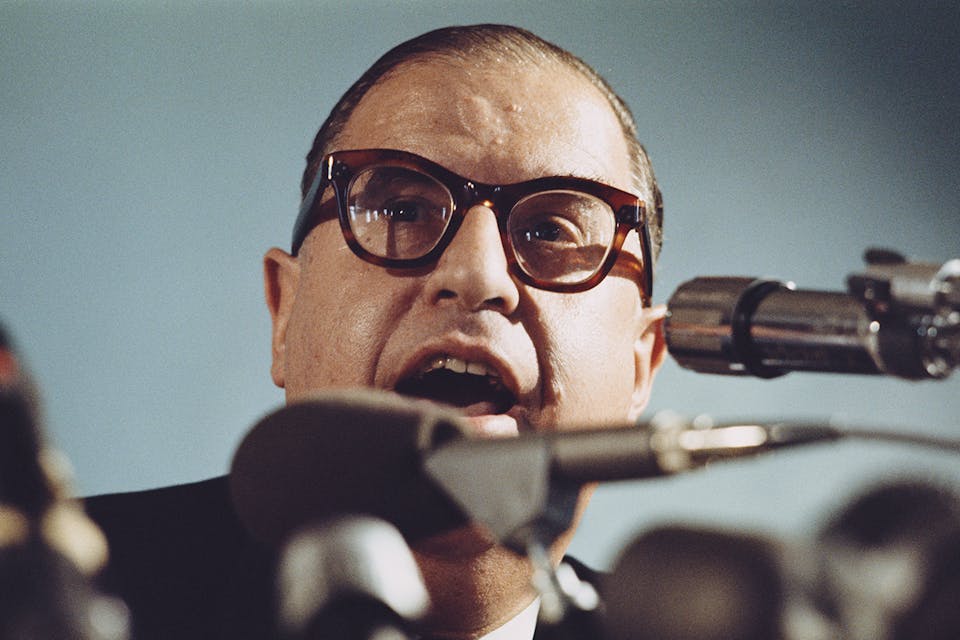 Abba Eban at a press conference in September 1970. *Rolls Press/Popperfoto via Getty Images/Getty Images*. Eban Main
