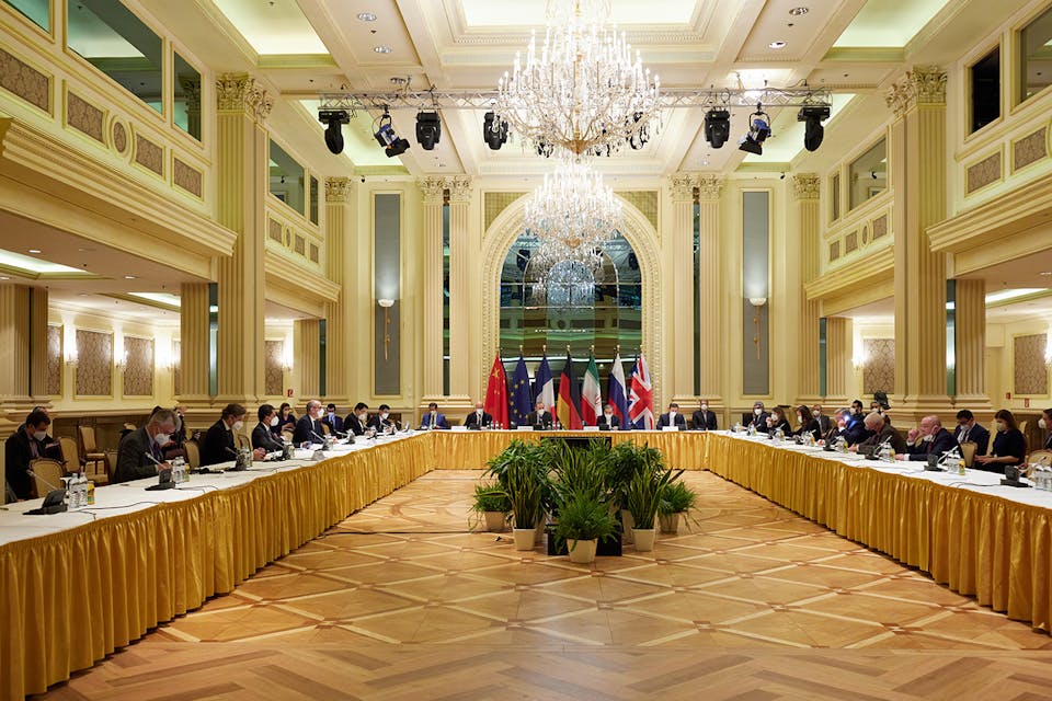 A meeting to discuss the full implementation of the Iran nuclear deal and the return of the United States to the deal in Vienna on April 15, 2021. *EU Delegation in Vienna/Handout/Anadolu Agency via Getty Images.* Iran Deal 2021_