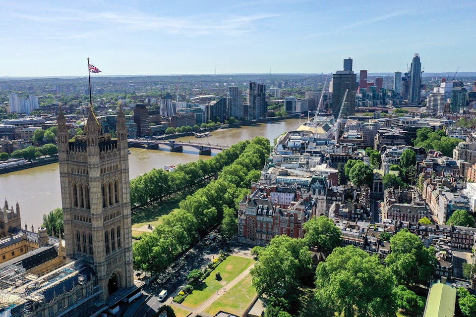 An aerial view of central London showing the Victoria Tower at the Palace of Westminster (left) and the Victoria Tower Gardens. *Steve Parsons/PA Images via Getty Images*. Victoria Tower Gardens Main