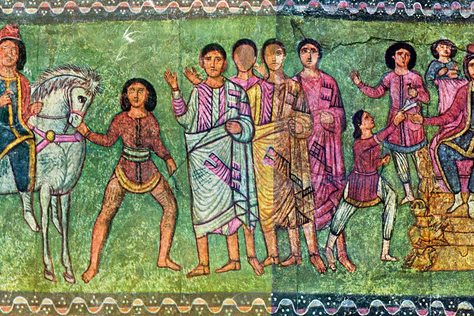 An early 3rd-century CE painting of Esther and Mordecai found in the Dura-Europos synagogue in Syria. *Wikipedia*. Mordecai_and_Esther