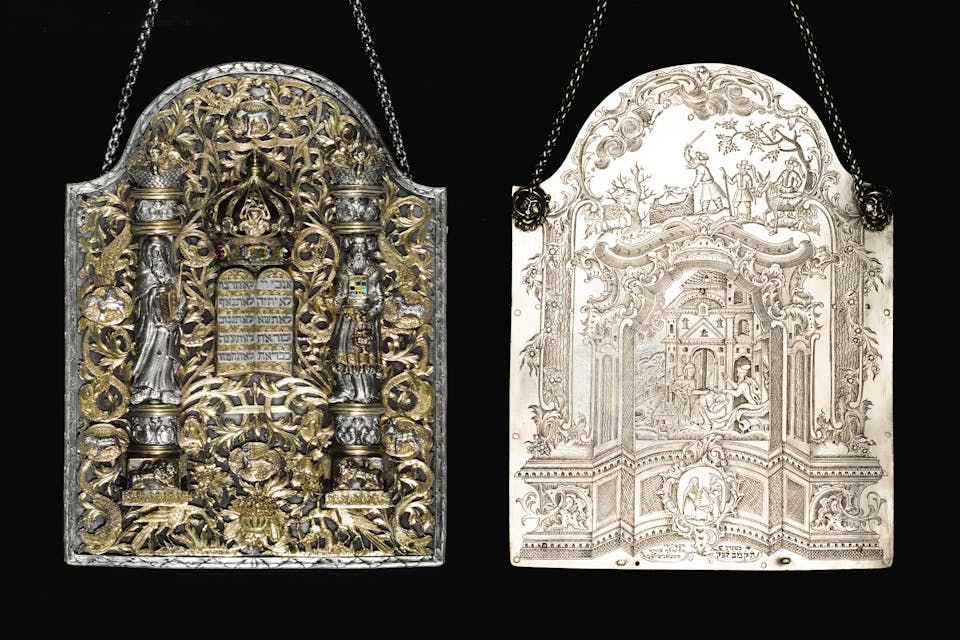 A parcel-gilt silver and enamel Torah shield, signed and dated in Hebrew by Elimelech Tzoref in 1782. *Sotheby's.* 006n10399-b665m-combined
