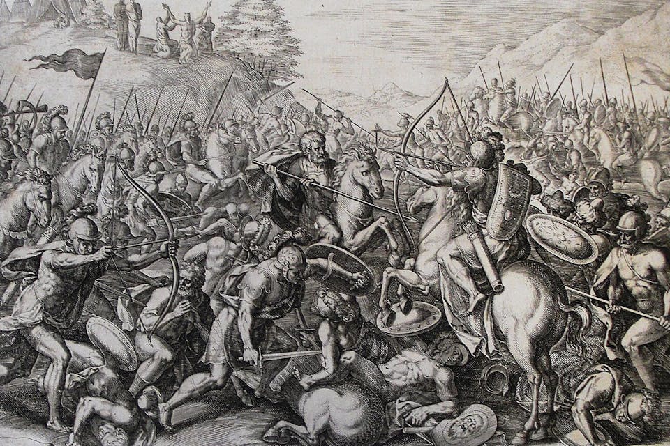 An illustration from the Phillip Medhurst Collection of Bible illustrations depicting Joshua fighting Amalek as in Exodus 17. *Wikipedia*. The_Phillip_Medhurst_Picture_Torah_423._Joshua_fighting_Amalek._Exodus_cap_17_vv_10&13._Galle