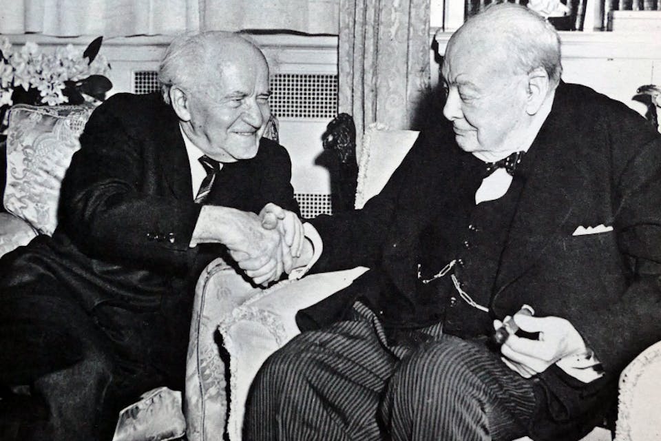 David Ben-Gurion visiting Winston Churchill in London in 1961. *Universal History Archive/Universal Images Group via Getty Images*. DBG-Churchill_830px