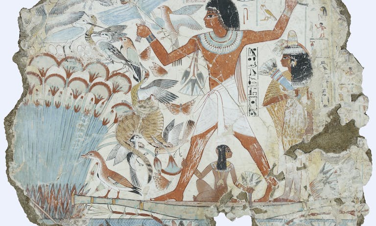 A fresco depicting the ancient Egyptian politician Nebamun hunting birds, 1350 BC. *British Museum (London)*. Tomb_of_Nebamun