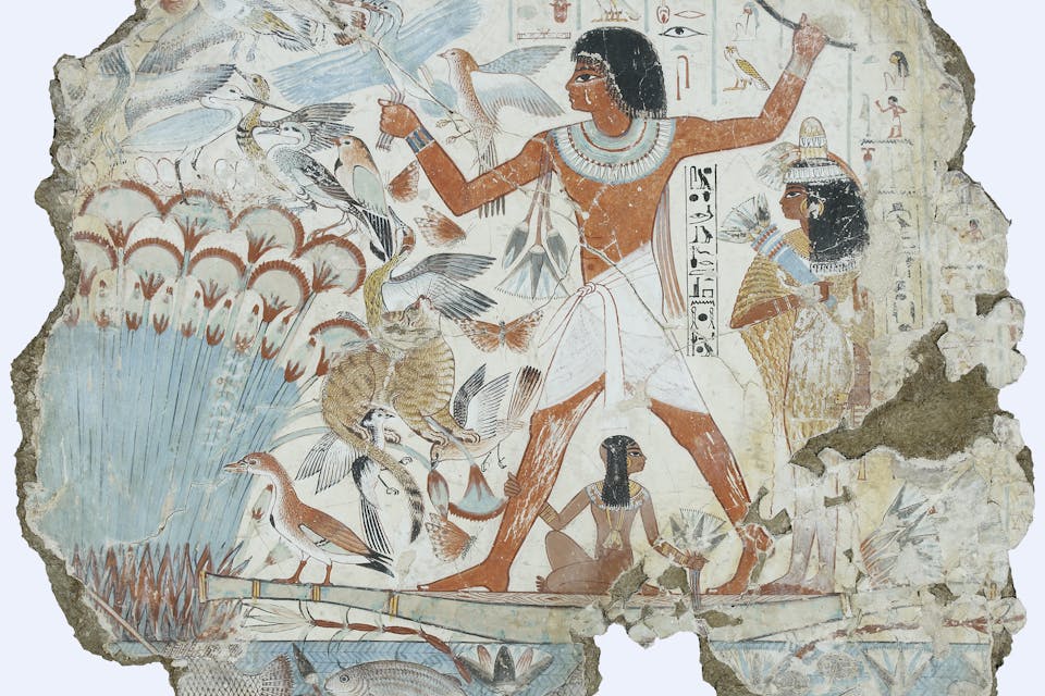 A fresco depicting the ancient Egyptian politician Nebamun hunting birds, 1350 BC. *British Museum (London)*. Tomb_of_Nebamun