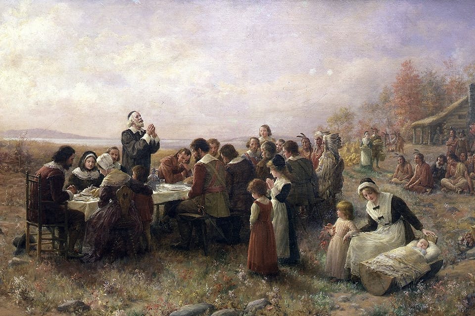 *The First Thanksgiving at Plymouth*, 1914, by Jennie A. Brownscombe. *Wikimedia*. Thanksgiving-Brownscombe