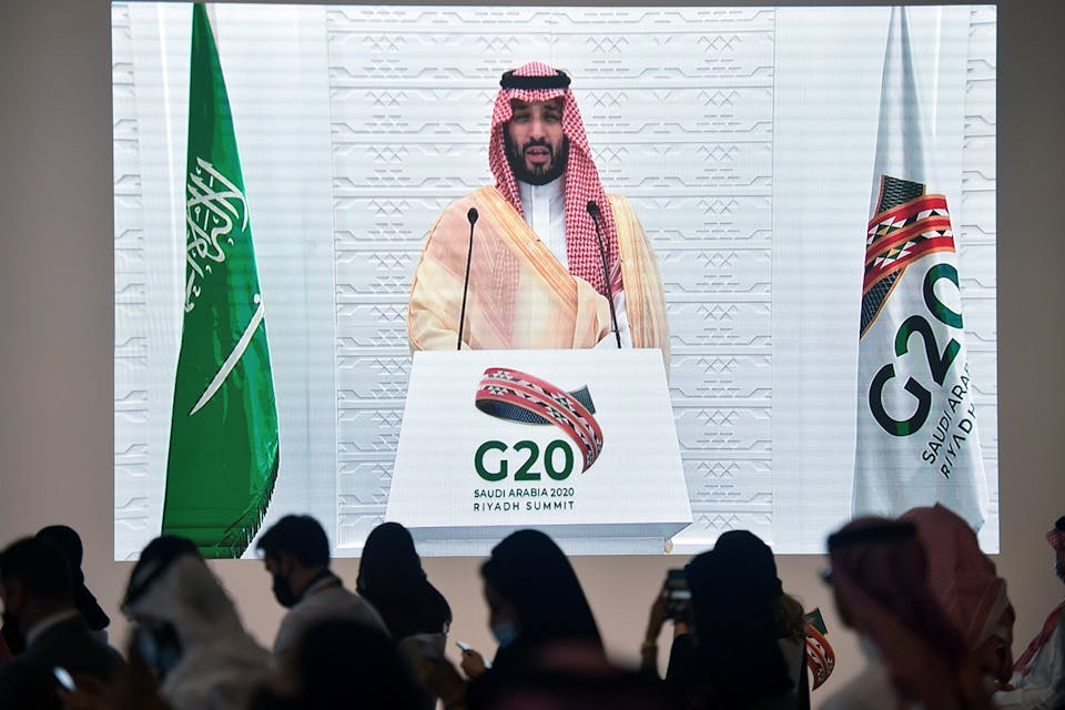 Saudi Crown Prince Mohammed bin Salman remotely addressing a press conference at the G20 Summit in Riyadh on November 22, 2020. *FAYEZ NURELDINE/AFP via Getty Images.* Saudi Arabia Pod Main