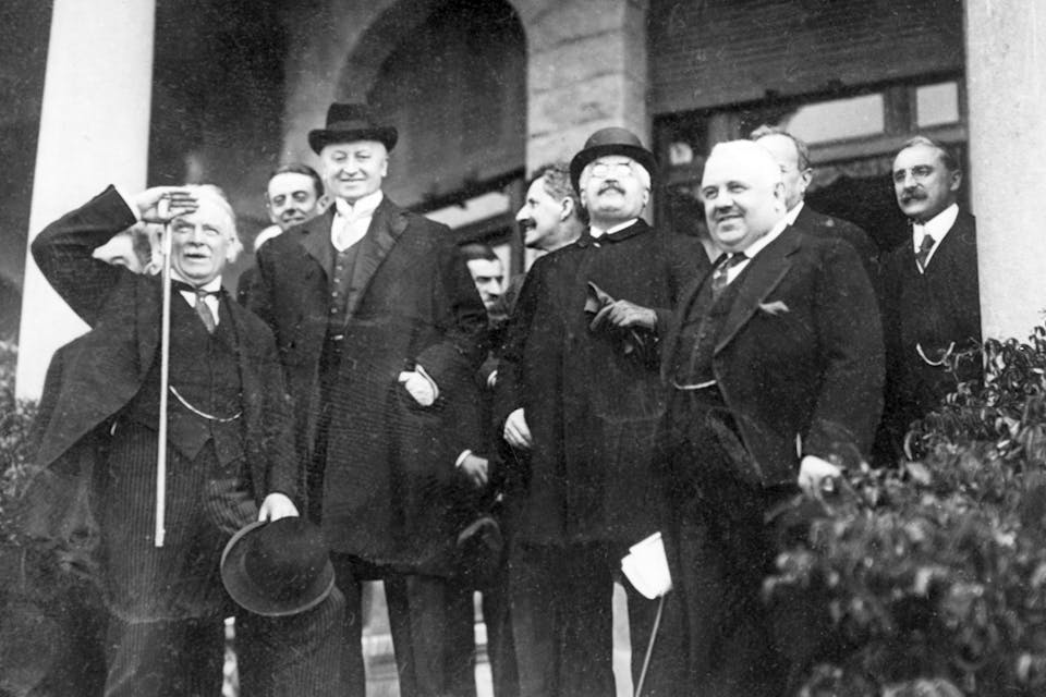 Prime Minister Lloyd George and Earl Curzon of the United Kingdom, Prime Minister Alexander Millerand of France, and Prime Minister Francesco Nitti of Italy at the League of Nations Peace Treaty Conference in San Remo on May 13, 1920. *Getty*. San Remo MK Main