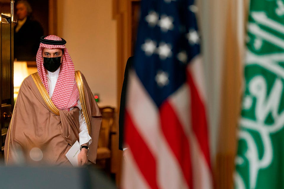 Saudi Minister of Foreign Affairs Prince Faisal bin Farhan al-Saud at the State Department in Washington, D.C. on October 14, 2020. *MANUEL BALCE CENETA/POOL/AFP via Getty Images*. Goldberg Saudi Main