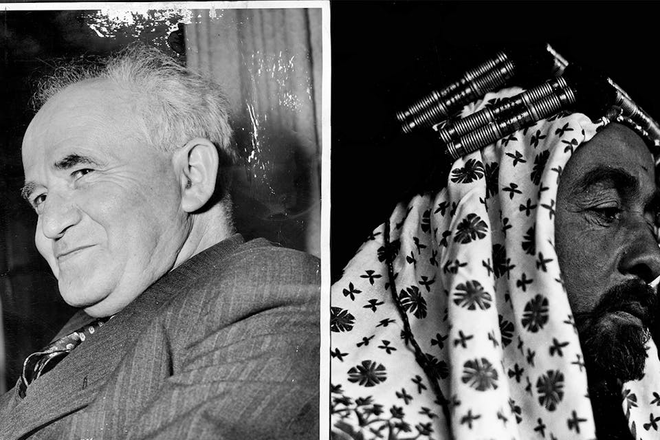 David Ben-Gurion on June 6, 1946; Abdullah bin Hussein in Transjordan in January 1935. *Anthony Calvacca/New York Post Archives via Getty Images; Universal History Archive/UIG via Getty Images.* Kramer BG Abdullah Main
