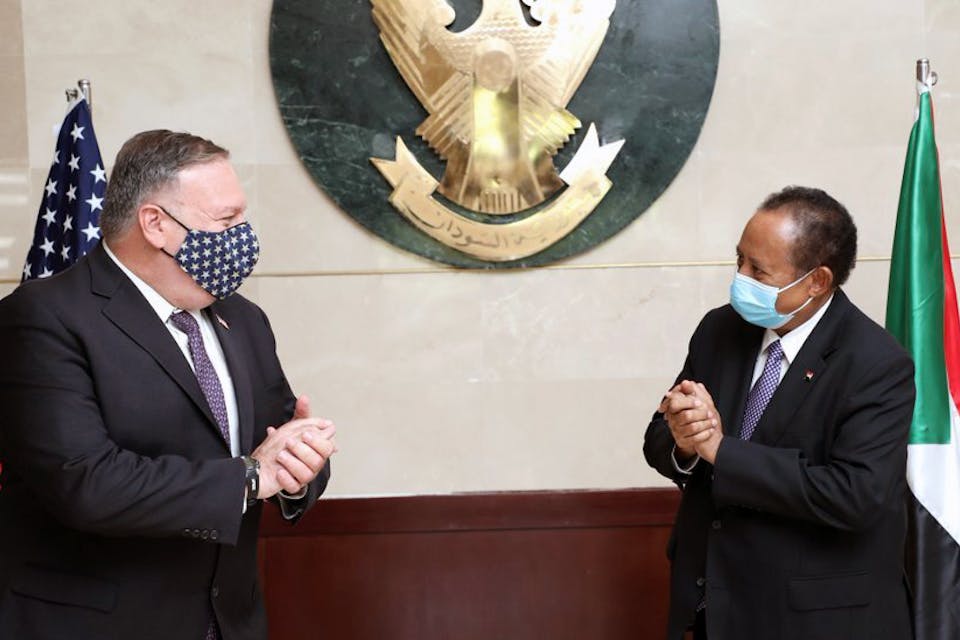 U.S. Secretary of State Mike Pompeo with Sudanese Prime Minister Abdalla Hamdok on August 25, 2020 in Khartoum. *Anadolu Agency via Getty Images.* USA Sudan Main