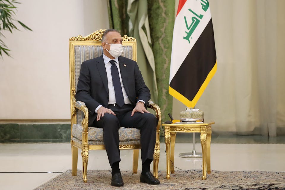 Iraqi Prime Minister Mustafa al-Kadhimi at a meeting with Iranian President Hassan Rouhani in Tehran on July 21, 2020. *Presidency of Iran/Handout/Anadolu Agency via Getty Images.* Pava 2 Main