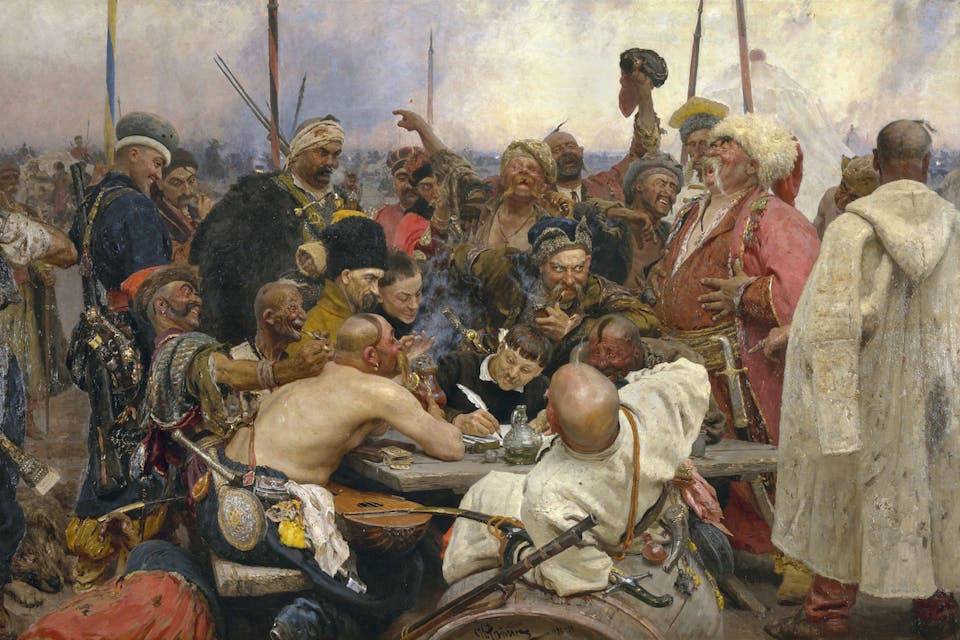 *Reply of the Zaporozhian Cossacks to Sultan Mehmed IV of the Ottoman Empire* by Ilya Repin, 1891. Wikipedia. The Zaparozhye Cossacks Writing a Mocking Letter to the Turkish Sultan
*oil on canvas
*358 × 203 cm
*signed b.c.: И.Репин 1880-91