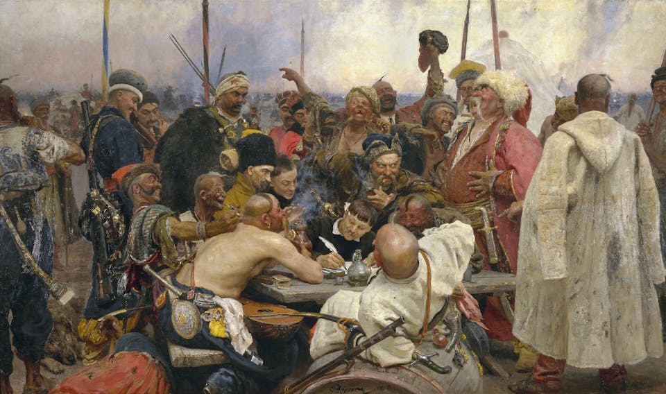 The Zaparozhye Cossacks Writing a Mocking Letter to the Turkish Sultan
*oil on canvas
*358 × 203 cm
*signed b.c.: И.Репин 1880-91