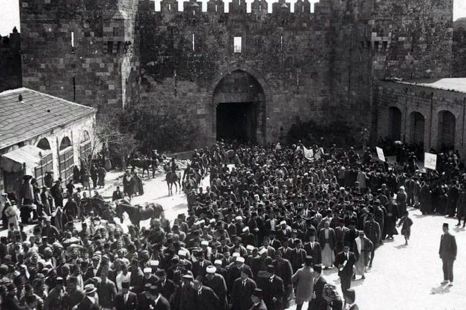 *An anti-Zionist demonstration at the Damascus Gate in Jerusalem on March 8, 1920*. Wikipedia. Nebi Musa Main