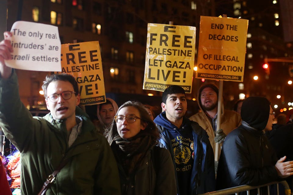 *A group of students at Columbia University protest the visit there of Israel's Ambassador to the United Nations on February 13, 2017*. Mohammed Elshamy/Anadolu Agency/Getty Images. Berens Columbia Main