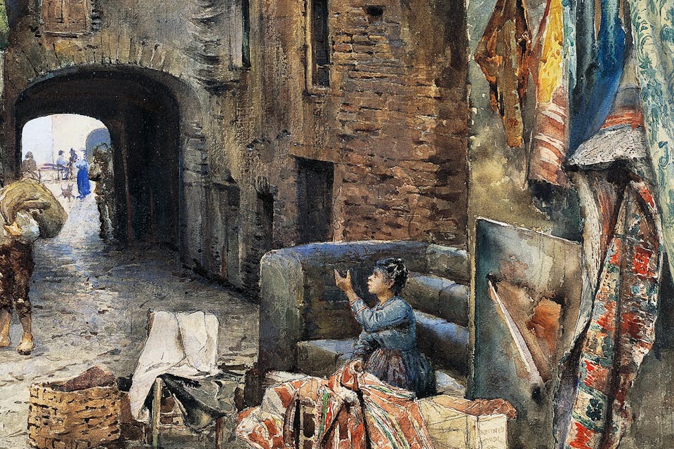 *A watercolor rendering of the Roman ghetto in 1885 by Ettore Franz*. DeAgostini/Getty Images. Ghetto Ettore Franz Main
