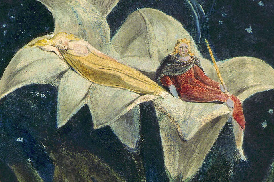 *One of William Blake's illustrations to *The Song of Los*; scholars have traditionally identified the figures shown as Titania and Oberon from *A Midsummer Night's Dream*. *Wikipedia. Oberon Blake