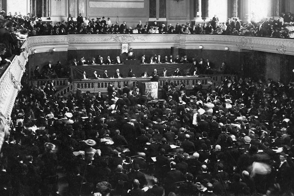 *The First Zionist Congress, held in Basel, Switzerland in 1897.* Photo12/Universal Images Group via Getty Images. First Zionist Basel Main