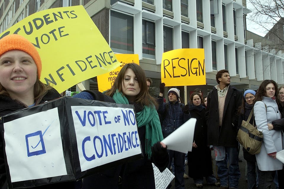 *A demonstration in 2005 against then-president of Harvard Lawrence Summers.* Jodi Hilton/Getty Images. Summers Protest Main