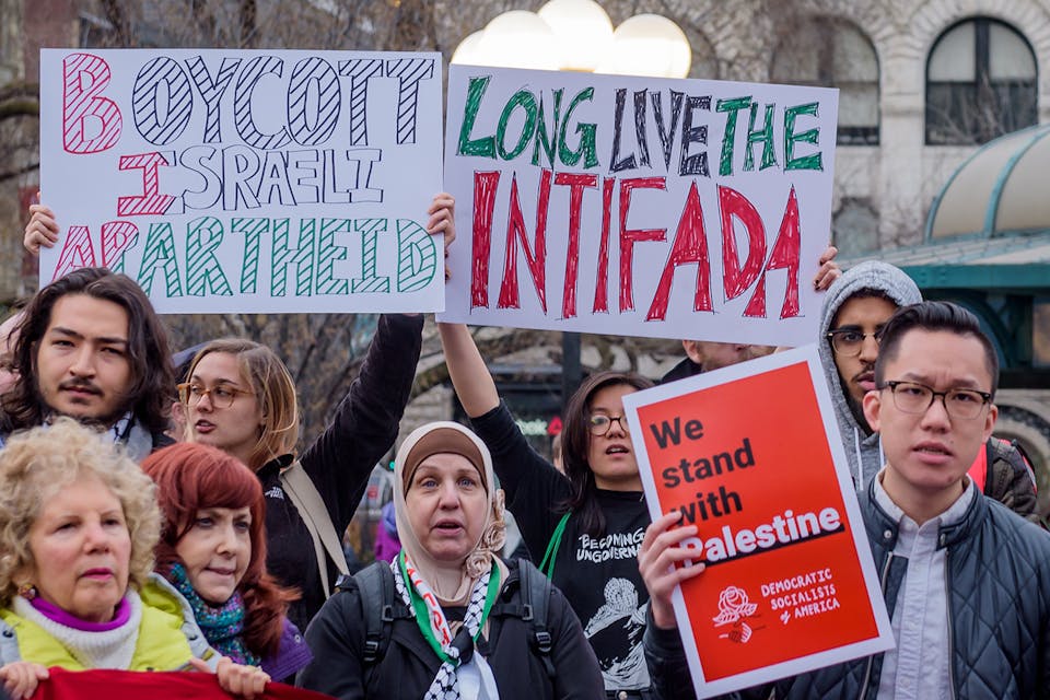 *A pro-BDS march in New York in 2018.* Erik McGregor/Pacific Press/LightRocket via Getty Images. BDS