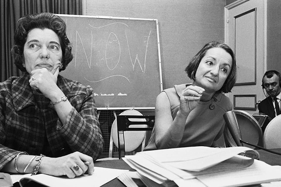Kathryn F. Clarenbach and Betty Friedan (right) at a meeting of the National Organization of Women in 1968. Getty. friedan