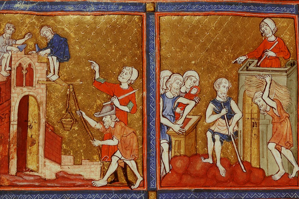 *Pages from the Golden Haggadah showing the enslavement of the Israelites.* British Museum enslavement of israelites (f11r) l