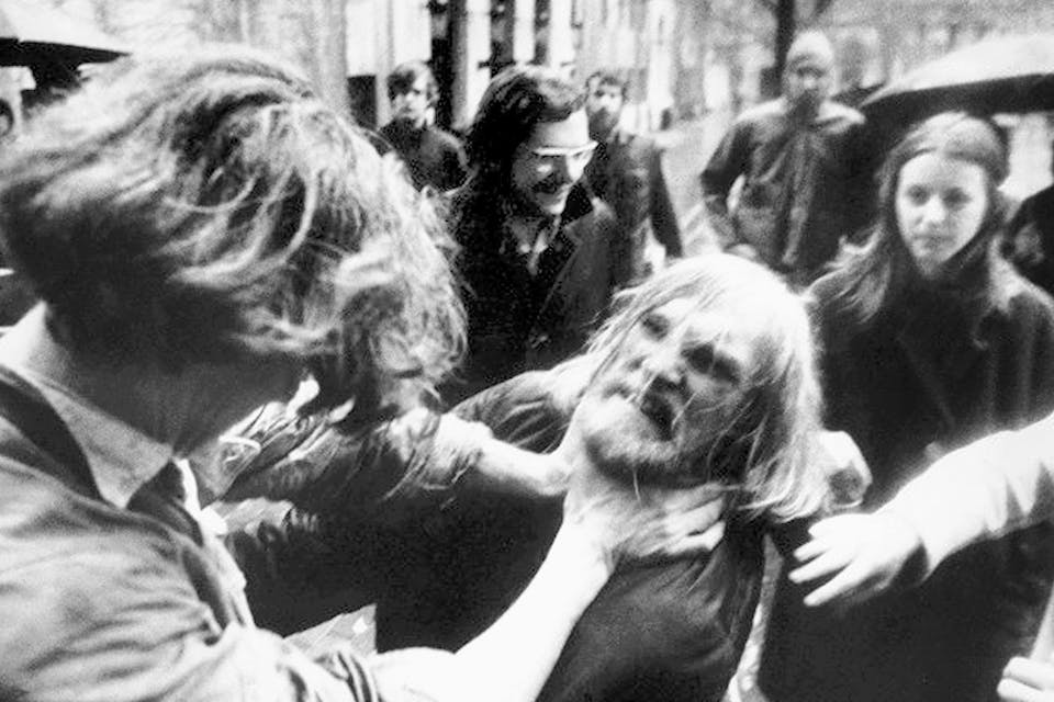 *A Columbia University student responds violently to a campus strike in protest of the Vietnam war that has blocked his way to class.* Mel Finkelstein/NY Daily News Archive via Getty Images. Columbia Protest