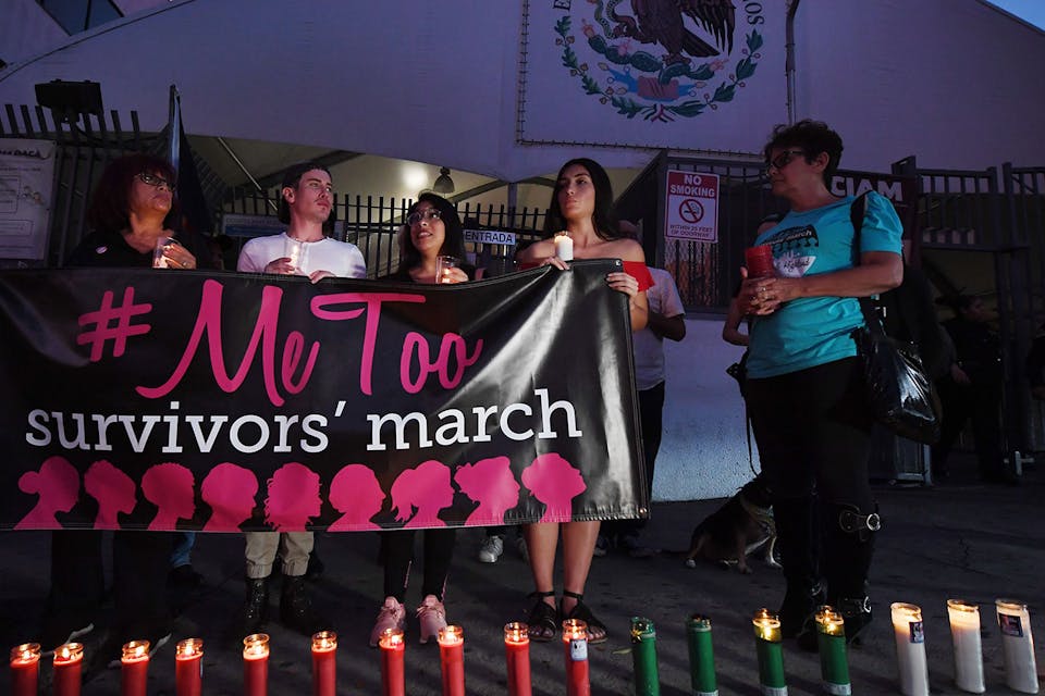 *A group describing themselves as #MeToo/#YoTambien survivors in Los Angeles on November 1, 2018.* MARK RALSTON/AFP/Getty Images. MeToo Main