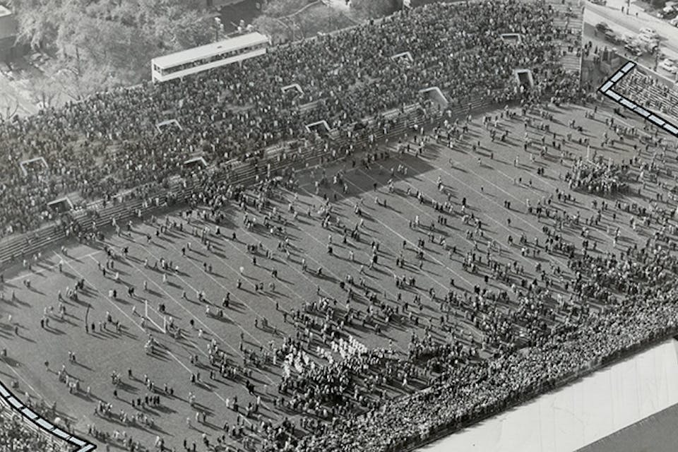 *The crowd streams onto the field in celebration after McGill University's football team won a game at home in 1953.* Toronto Star Archives/Toronto Star via Getty Images. Ruth McGill Home
