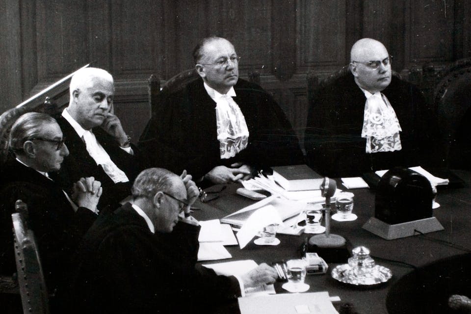 *Sir Hersch Lauterpacht, back center, in the International Court of Justice.* Flickr/Cambridge Law. Hersch Lauterpacht Main