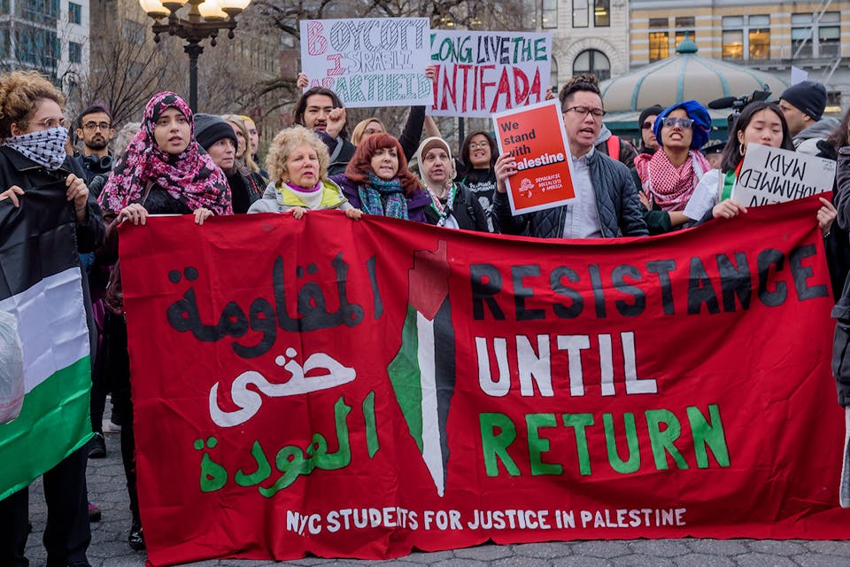 *A BDS protest in New York in April 2018*. Erik McGregor/Pacific Press/LightRocket via Getty Images. BDS NYC April 2018