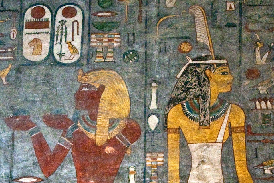 *Art on the tomb of Ramses I in Luxor, Egypt.* Arco Images GmbH/Alamy Stock Photo. G9RH1W Mural painting, pharao, pharaohs, queen, tomb of Ramses I, tomb number KV 16, grave, Valley of Kings, West-Thebes, Luxor, Egypt