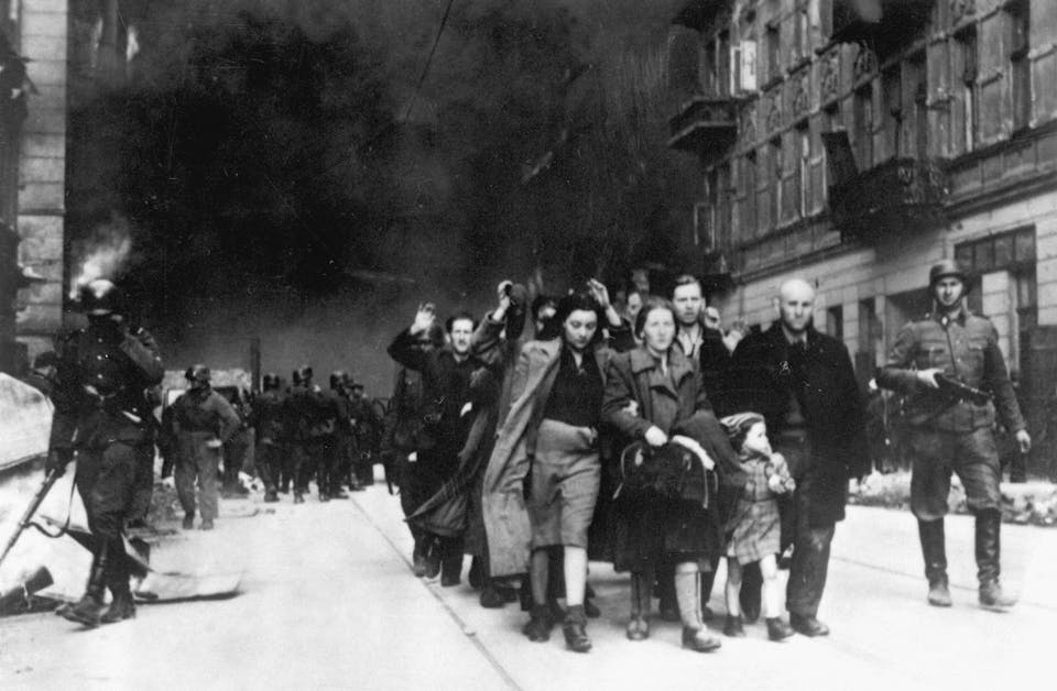 Jewish civilians.  Copy of German photograph taken during the destruction of the Warsaw Ghetto, Poland, 1943.   (WWII War Crimes Records)
Exact Date Shot Unknown
NARA FILE #:  238-NT-282
WAR & CONFLICT BOOK #:  1280