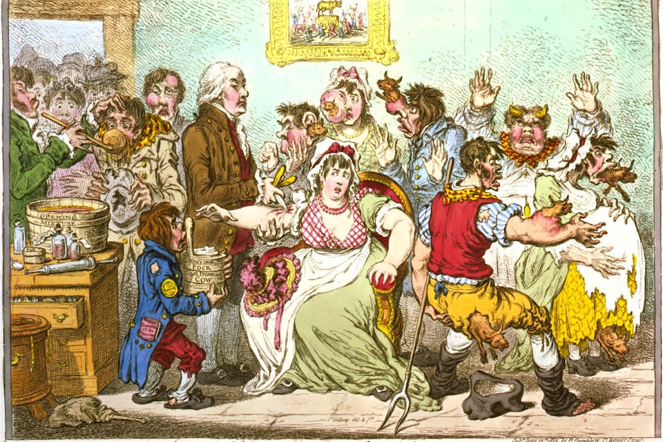 *An 1804 cartoon caricaturing the Smallpox and Inoculation Hospital in St. Pancras, London.* Wikipedia. The_cow_pock