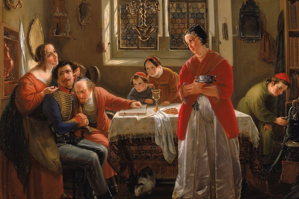 *Detail from Moritz Oppenheim*, The Return of the Volunteer from the Wars of Liberation to His Family Still Living in Accordance with Old Customs, *1834*. Wikimedia. Oppenheim Heimkehr cropped